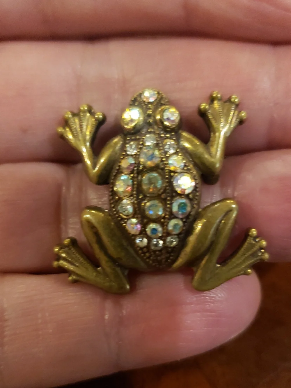 Vintage Gold Frog Brooch with Rhinestones